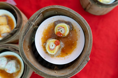 High angle view of breakfast served on table