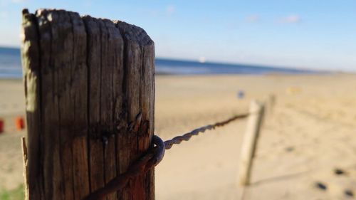 Close-up of barbed wire on wooden post at beach against sky