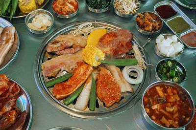 High angle view of food in bowl on table
