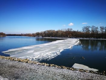 Scenic view of lake against clear blue sky