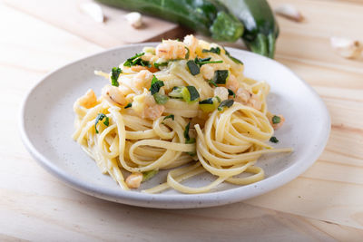 Close-up of noodles in plate on table