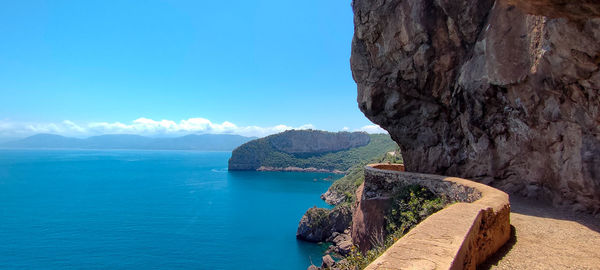 Scenic view of sea against clear blue sky