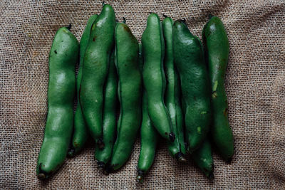 High angle view of green chili peppers