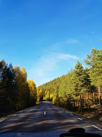 Road amidst trees against blue sky