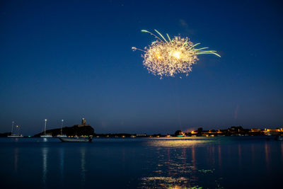 Firework display over sea against sky at night