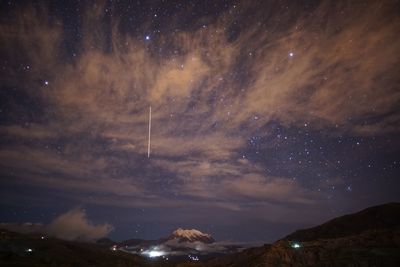 Scenic view of mountains against sky at night