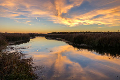 Scenic view of lake against sky during sunset