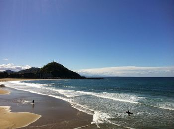 Scenic view of beach against clear blue sky