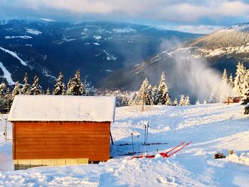 Scenic view of snowcapped mountains against sky