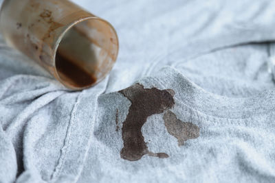 High angle view of drink on bed