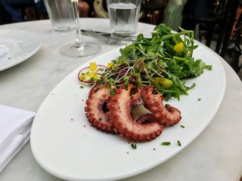 High angle view of food in plate on table