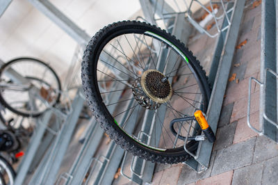 High angle view of bicycle wheel