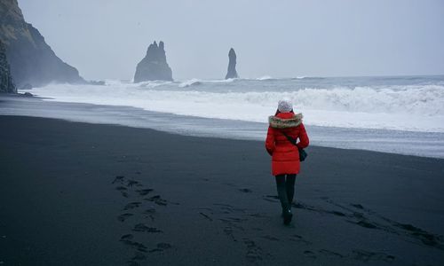 Rear view of man on beach against sky