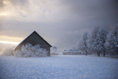 Built structure on snow covered land against sky