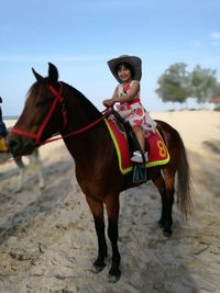 Portrait of little girl riding horse at beach against sky