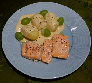 High angle view of food in plate on table