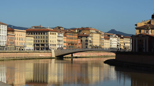 Bridge over river in city against clear sky