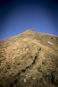 Scenic view of arid landscape against clear blue sky