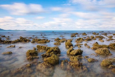 Long exposure shot of sea and the stones on the beach in koh samui.