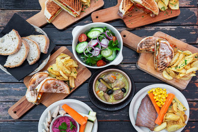 High angle view of food served on table