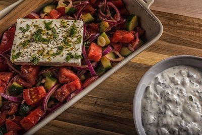 High angle view of vegetables in bowl on table