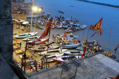 High angle view of boats moored in sea