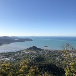 Scenic view of sea against clear blue sky