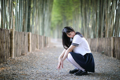 Side view of woman crouching on land amidst bamboo groove