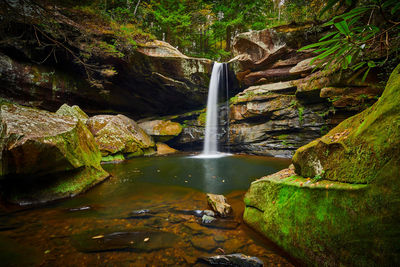 Water flowing through rocks in forest