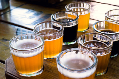 Close-up of beer glasses on table at restaurant