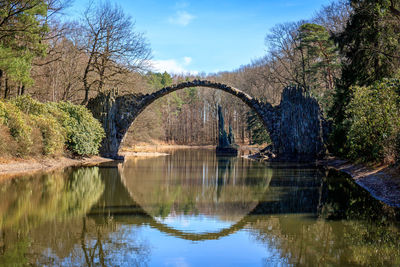 Arch bridge over lake against sky