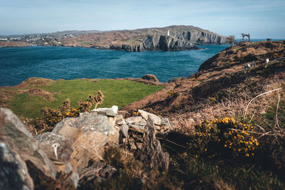 Scenic view of bay against sky