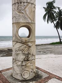 Close-up of palm tree by sea against sky