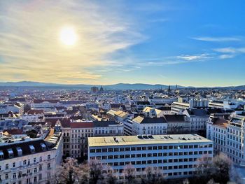 High angle view of townscape against sky during sunset