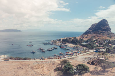 High angle view of bay against sky