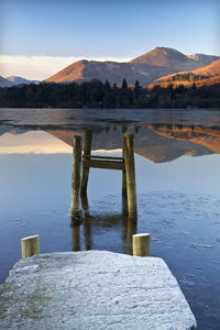 Scenic view of lake against sky during winter