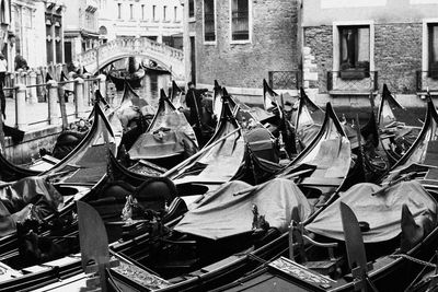 High angle view of boats moored in canal