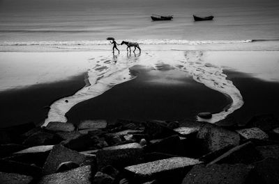 People at beach against sky