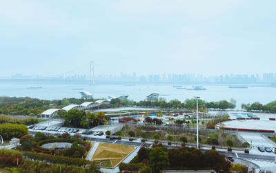High angle view of buildings in city