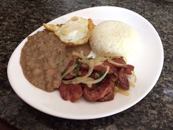 High angle view of breakfast in plate on table