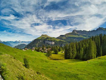 Scenic view of landscape and mountains against sky