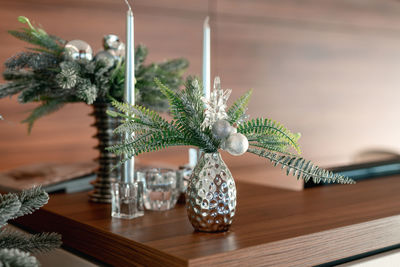 Close-up of christmas decorations on table