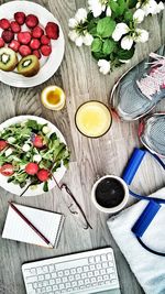 Directly above view of various objects on table