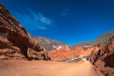 Scenic view of mountains against blue sky