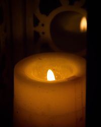 Close-up of illuminated tea light candle in darkroom