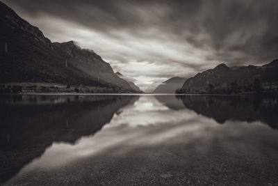 Scenic view of lake and mountains against sky