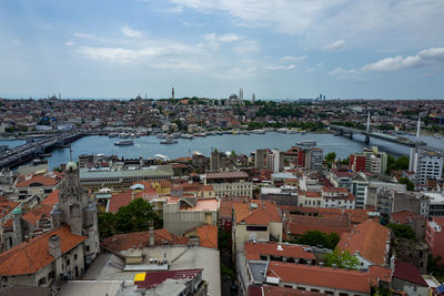 High angle view of city by river against sky