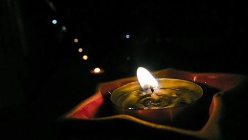 Close-up of lit tea light candle