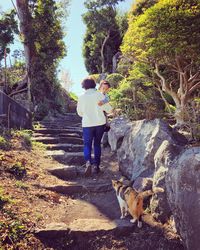 Rear view of woman with dog walking in park
