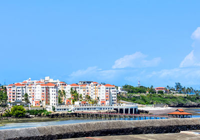 Cityscape against clear blue sky